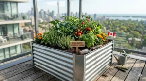 An ergonomically designed waist-high metal garden bed that allows for comfortable gardening without bending.