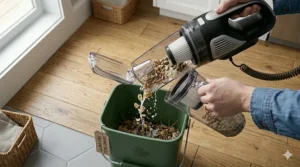 Demonstration of the easy-empty tank on a wet dry handheld vacuum separating liquid and dry waste for quick disposal.