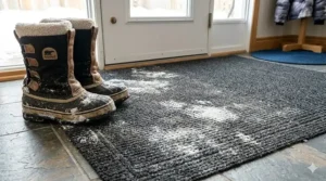 A pair of salt-crusted winter boots sitting on a stained carpet mat near a door with a "Bienvenue" sign, illustrating how salt stains occur.