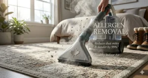 Illustration of a Canadian mudroom being sanitized with a steam cleaner for upholstery and carpets to remove melted snow and dirt.