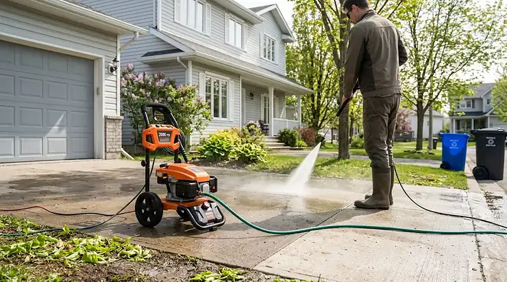 A high-power 2000 PSI pressure washer being used to clean a driveway at a Canadian suburban home during springtime.