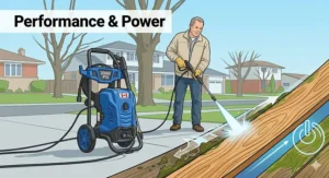 A close-up explanatory illustration showing a 3000 PSI electric pressure washer effectively stripping grime and algae off a weathered wooden patio deck plank.