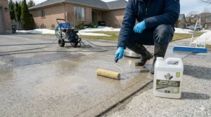 Illustration of applying a protective concrete sealer to a driveway surface after completing a thorough post-winter clean.