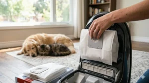 A hygienic self-sealing vacuum bag trapping pet hair and dander securely during disposal from a bagged vacuum cleaner.