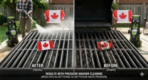 A side-by-side illustration of a heavily carbon-crusted backyard grill versus a sparkling clean grill after using a BBQ pressure washer.