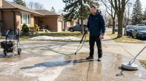 Split-screen illustration showing a white salt-stained driveway transformed after using a pressure washer.