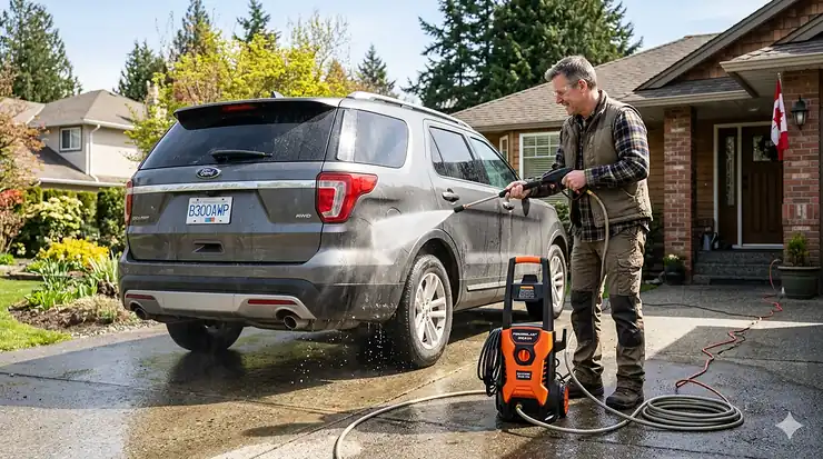 A Canadian homeowner using a top-rated electric pressure washer under 300 dollars to clean a salt-stained SUV in a suburban driveway.