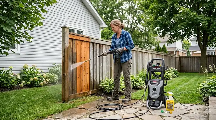 Alt text for image 1: A photorealistic image of a Canadian homeowner in a plaid shirt using an electric pressure washer on a weathered cedar wood privacy fence and light grey vinyl siding in a natural-light, suburban backyard. pressure washer for fence and siding
