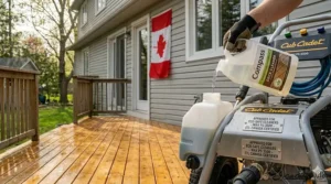 Eco-friendly and biodegradable soap being used with a pressure washer to protect Canadian garden ecosystems.