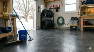 A clean, dry concrete garage floor in Canada after successfully removing all winter road salt and pitting risks.