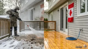 Using a pressure washer for deck cleaning to remove salt, mud, and winter buildup from a patio in Quebec.