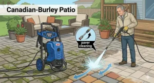 A detailed illustration of a 3000 PSI electric pressure washer actively cleaning moss and dirt from weathered interlocking stone pavers on a suburban backyard patio in British Columbia.