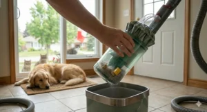 A step-by-step guide illustrating how to wash and dry a bagless vacuum filter to maintain suction in a high-shedding pet home.