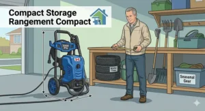 An illustration of the 3000 PSI electric pressure washer compactly folded and stored neatly on a low shelf in a organized Canadian garage, next to a stack of winter tires.