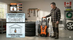 Illustration showing the compact, easy-to-store design of a portable electric pressure washer in a garage setting.