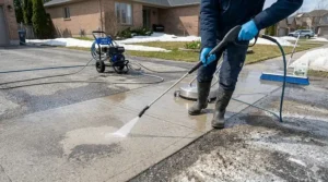 Instructional diagram displaying the safe pressure washer wand angle and distance for washing concrete without causing surface degradation.