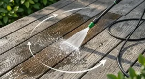 A high-resolution photorealistic detail shot illustrating the correct long-stroke sweeping technique with a pressure washer, ensuring safe and even cleaning of weathered cedar deck boards without damage.