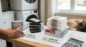 A 5-year cost comparison chart in Canadian dollars measuring replacement vacuum bags against bagless filter replacements for pet owners.