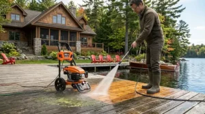 A 2000 PSI pressure washer being used to prep a lakeside cottage dock for the summer season in Ontario.