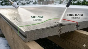 Essential safety equipment for using a pressure washer during a spring deck restoration in Canada.