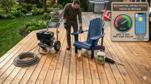Graphic showing the 48-hour drying period required after using a pressure washer for deck restoration.