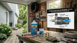 Alt text for image 7: A technical photorealistic schematic of a detergent delivery system, complete with bilingual labeling, nozzle demonstration photos, and a mixing ratio dial for effective fence and siding cleaning.