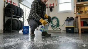 Applying a water and vinegar solution to dissolve stubborn winter road salt stains on a garage floor.