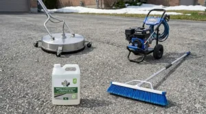 Graphic checklist of equipment used for driveway cleaning after a Canadian winter, including a pressure washer, surface cleaner, and heavy-duty broom.