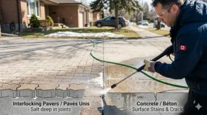 Comparative guide for cleaning salt off Canadian asphalt vs. interlocking stone driveways with a power washer.