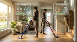 Infographic analyzing the battery life and runtime of Dyson vs Shark cordless vacuum cleaners, demonstrating coverage across typical multi-story houses and apartments.