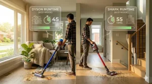 Analytical chart detailing eco mode performance curves and runtime longevity between a Dyson vs Shark cordless vacuum.
