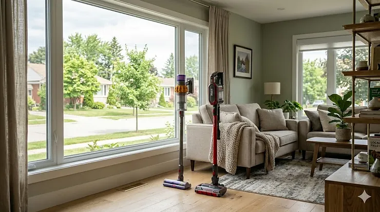 A side-by-side comparison of a Dyson vs Shark cordless vacuum cleaner in a bright Canadian home, showcasing the two popular stick vacuum brands for a head-to-head performance review.