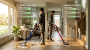 Performance test illustration of Dyson vs Shark cordless vacuum on plush carpet and hardwood flooring, demonstrating suction efficiency for winter debris and dust.
