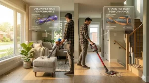 A graphic comparison of Dyson vs Shark cordless vacuum pet hair tools and anti-tangle brush rolls engineered to lift shedding fur from household surfaces.