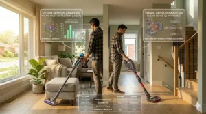 Illustration comparing smart sensor features of a Dyson vs Shark cordless vacuum, emphasizing automated power adjustments and dust particle detection.