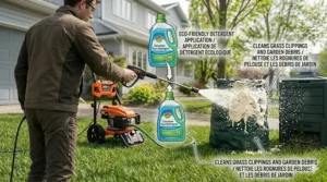 Illustration showing a 2000 PSI pressure washer using biodegradable soap for an eco-conscious Canadian lawn cleanup.