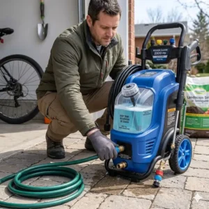 Illustration showing biodegradable soap being poured into the tank of an electric pressure washer for eco-conscious Canadian lawn care.