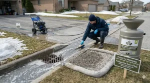 Eco-friendly tips for managing wastewater runoff during a driveway cleaning after a Canadian winter to protect local water systems.