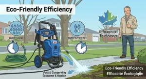 A comparative infographic illustration showing the water efficiency and faster cleaning time of a 3000 PSI electric pressure washer versus a traditional, wasteful garden hose in a Canadian garden.