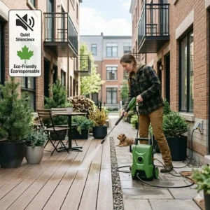 Illustration of a quiet, zero-emission electric pressure washer ideal for urban Canadian townhouses and patios with strict municipal noise bylaws.