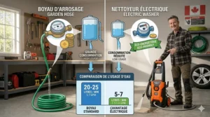 Graphic highlighting water-saving benefits of using an electric power washer versus a standard garden hose.