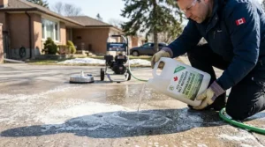 Illustration of applying biodegradable salt neutralizer to a driveway before using a pressure washer.