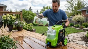 Illustration of a portable electric pressure washer with soap tank being used to prep a cedar wood deck for the Canadian summer season.