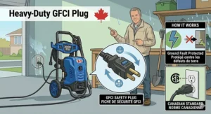 An illustrative infographic highlighting the heavy-duty GFCI safety plug on the 3000 PSI electric pressure washer, featuring bilingual labels and details on Canadian CSA standards.