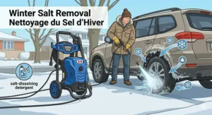 An illustration of a Canadian homeowner in a parka using a 3000 PSI electric pressure washer and a salt-dissolving attachment to clean frozen road salt from an SUV undercarriage.