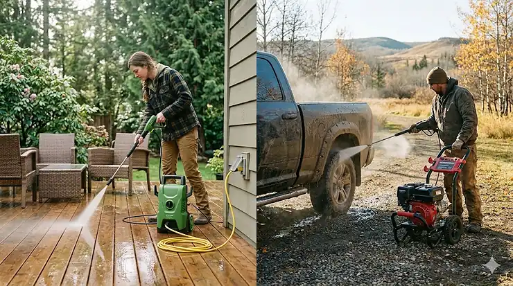 Side-by-side comparison of an electric vs gas pressure washer being used in different Canadian climates, featuring a compact electric model on a BC deck and a powerful gas model cleaning an Alberta truck. electric vs gas pressure washer Canadian climate