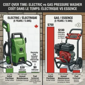 Cost comparison chart in Canadian dollars showing the long-term value, maintenance expenses, and fuel costs of electric vs gas pressure washers over five years.