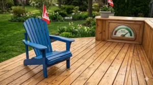 A beautifully restored and spotless cedar deck in a Canadian backyard, showcasing a classic blue Muskoka chair with a small flag, and an integrated photorealistic bilingual gauge confirming optimal drying status.