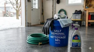 Illustration of essential safety gear and eco-friendly cleaning products used to remove road salt from a garage floor in Canada.