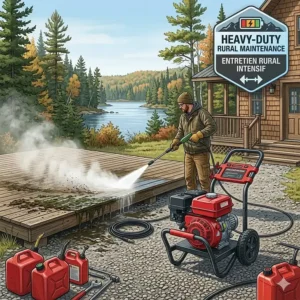 Illustration of a heavy-duty gas pressure washer removing stubborn mud and road salt from a rural Canadian property and driveway without requiring an electrical outlet.